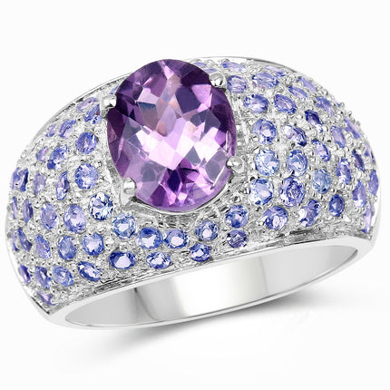 4.21 Carat Genuine Amethyst and Tanzanite .925 Sterling Silver Ring