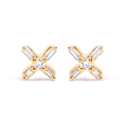 10K Yellow Gold 1/10 Cttw Round and Baguette Diamond Criss Cross X Stud Earring (H-I Color, I1-I2 Clarity)