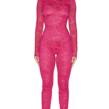 Private View 2-Piece Sheer Lined Lace Catsuit and G-String Set - Berry