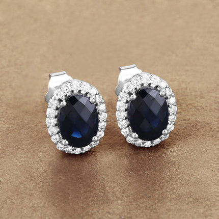 2.16 Carat Genuine Blue Sapphire and White Diamond 14K White Gold Earrings
