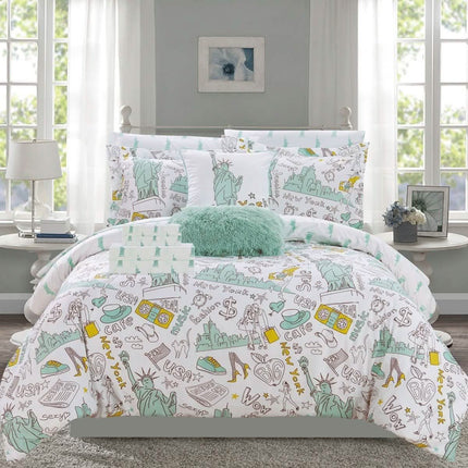 9-Piece Set: Liberty Reversible Comforter Set New York Theme Printed Design Bed