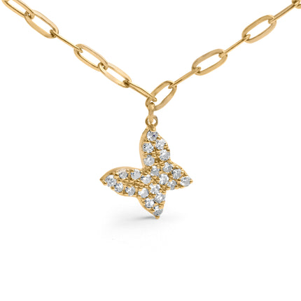 14KT Yellow Gold 1/2 Cttw Diamond Butterfly Station Paperclip Station Necklace (I-J Color, I1-I2 Clarity) - Adjustable 15"-17" Inches