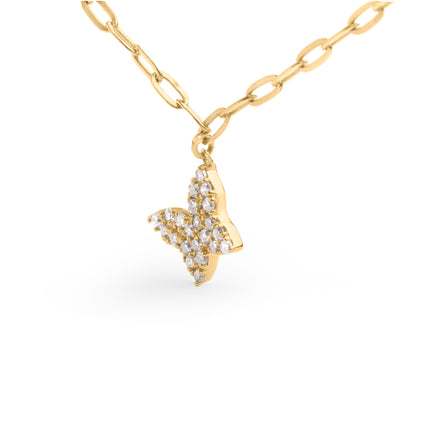 14KT Yellow Gold 1/2 Cttw Diamond Butterfly Station Paperclip Station Necklace (I-J Color, I1-I2 Clarity) - Adjustable 15"-17" Inches