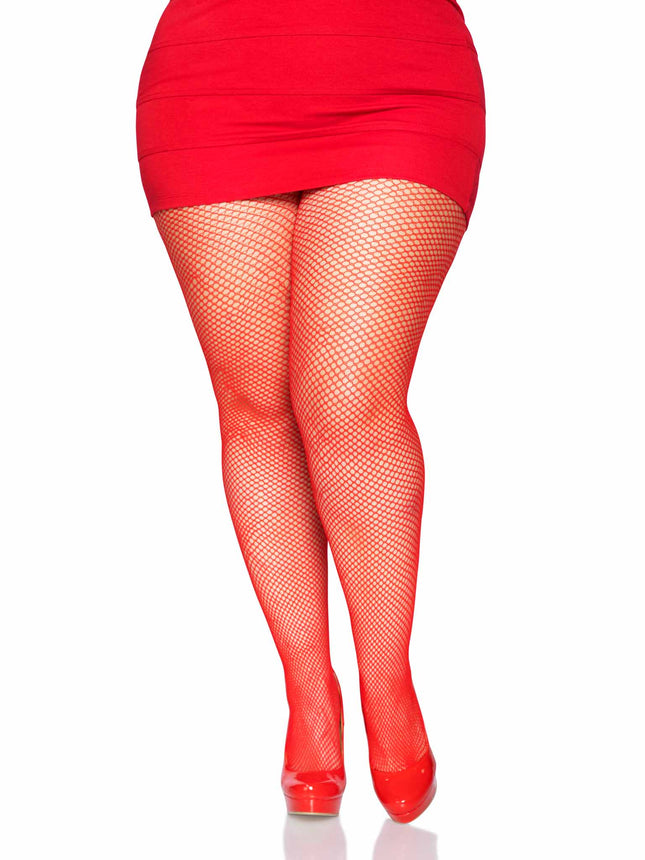 Plus Size Nylon Fishnet Tights - Red - PLUS SI