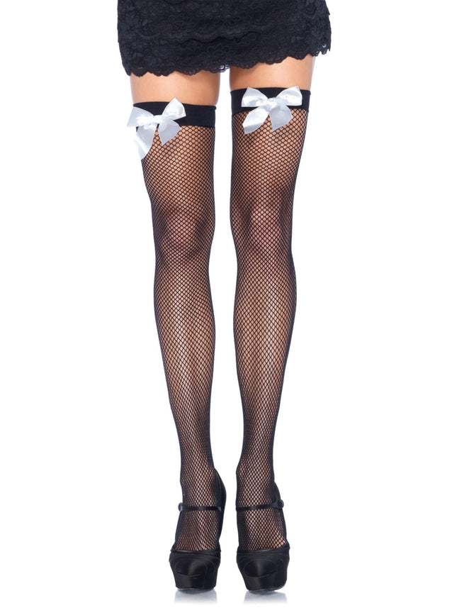 Bow Top Fishnet Thigh Highs - Blk/White - O/S