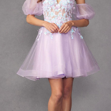 Juliet 901 Short Removable Puff Sleeves A-Line Glitter Tulle Dress