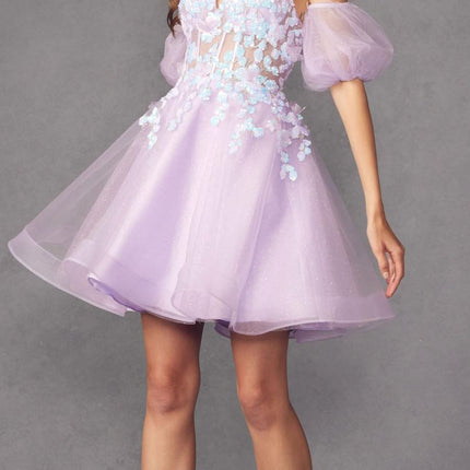 Juliet 901 Short Removable Puff Sleeves A-Line Glitter Tulle Dress