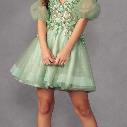 Juliet 901 Short Removable Puff Sleeves A-Line Glitter Tulle Dress
