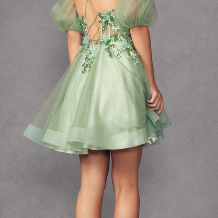 Juliet 901 Short Removable Puff Sleeves A-Line Glitter Tulle Dress
