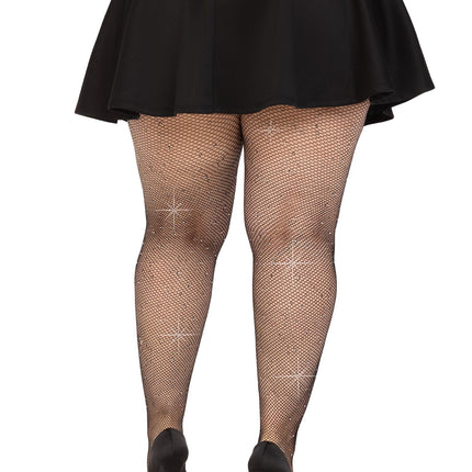 Plus Size Fishnet Crystalized Tights with Multi-Sized Iridescent Rhinestones - Black - 1X-2X