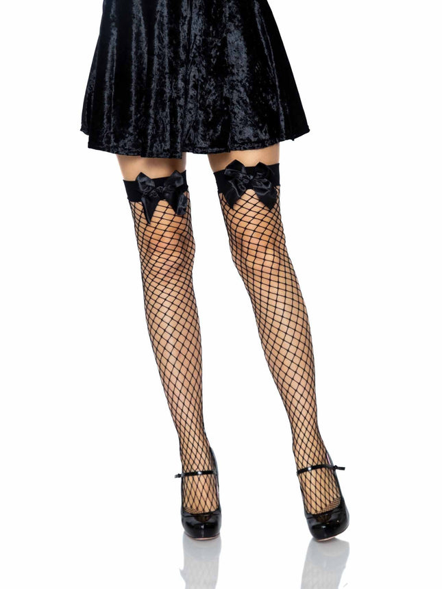 Bow Top Fence Net Thigh Highs - Black - O/S