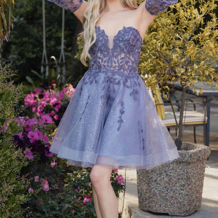 Juliet 909 Short A-Line Glitter Print Dress Removable Short Puff Sleeves