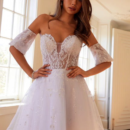 Juliet 909 Short A-Line Glitter Print Dress Removable Short Puff Sleeves