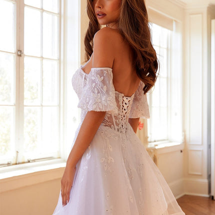 Juliet 909 Short A-Line Glitter Print Dress Removable Short Puff Sleeves