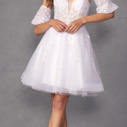 Juliet 909 Short A-Line Glitter Print Dress Removable Short Puff Sleeves