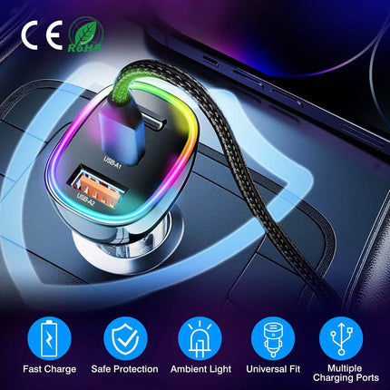 90W 3 Ports Fast Car Charger USB and Type C