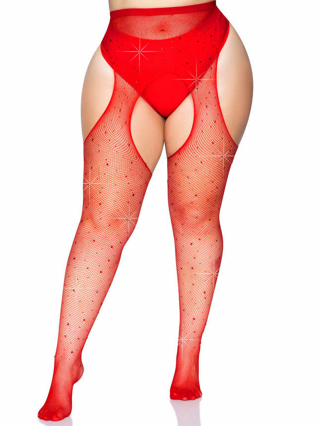 Plus Size Rhinestone Fishnet Suspender Tights - Red - 1X-2X