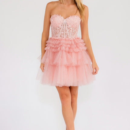 Juliet JT918A Dress Strapless Cocktail Leaf Lace Corset Bodice Ruffle Skirt