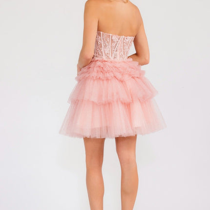 Juliet JT918A Dress Strapless Cocktail Leaf Lace Corset Bodice Ruffle Skirt