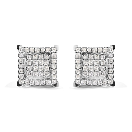 10K White Gold 1 1/4 Cttw Princess Diamond Composite Double Square and Halo Stud Earrings (I-J Color, I1-I2 Clarity)