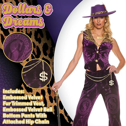 Sexy Velvet Pimp 70's Retro Disco Women Purple Dollars & Dreams Costume