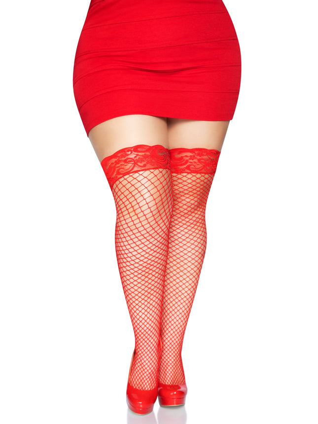 Plus Size Stay Up Lace Top Spandex Industrial Net Thigh Highs - Red - 1X-2X