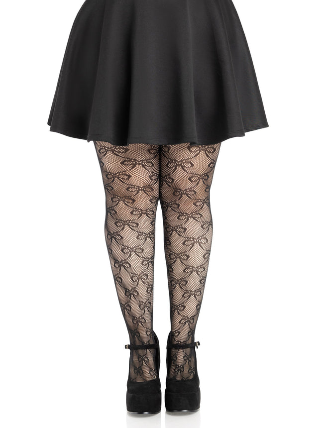 Bow Net Tights - Black - 1X-2X