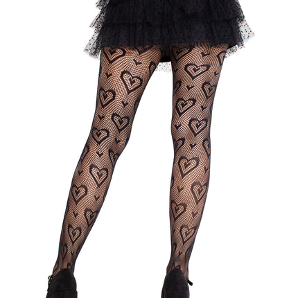 Double Heart Net Tights - Black - O/S