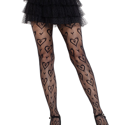 Double Heart Net Tights - Black - O/S