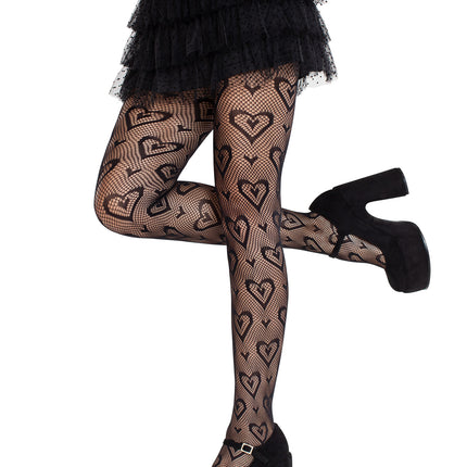 Double Heart Net Tights - Black - O/S