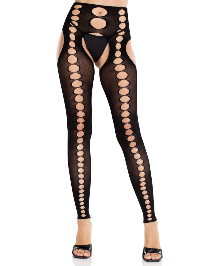 Seamless Opaque Cut-Out Footless Suspender Hose - Black - O/S
