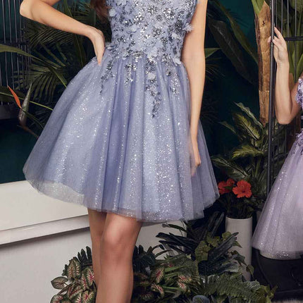 Ladivine 9245 Short A-Line Homecoming Dress with Floral Details