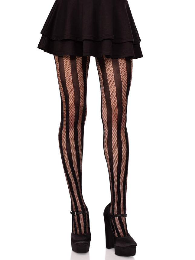 Net and Opaque Striped Tights - Black - O/S