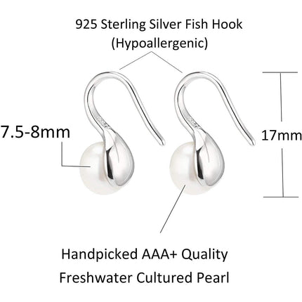 925 Sterling Silver 7.5-8mm White Freshwater Cultured Pearl Dangle Drop Earrings