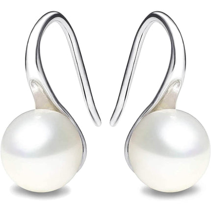 925 Sterling Silver 7.5-8mm White Freshwater Cultured Pearl Dangle Drop Earrings