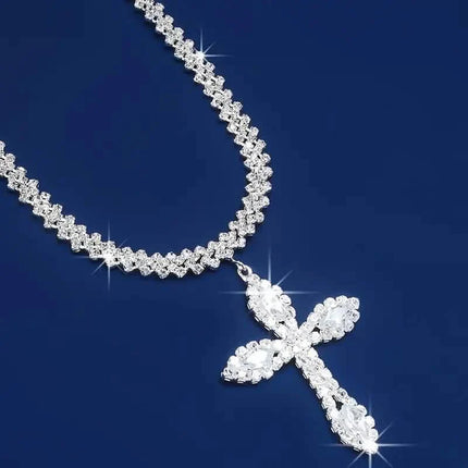 925 Sterling Silver Cross Pendant Necklace with Sparkling Rhinestone Embellishments