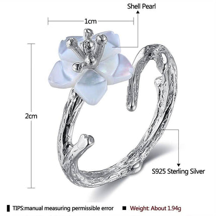 925 Sterling Silver White Cherry Blossom Shell Pearl Flower Branch Rings