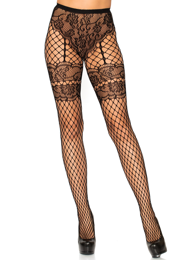 Lace French Cut Illusion Garter Industrial Net Tights - Black - O/S