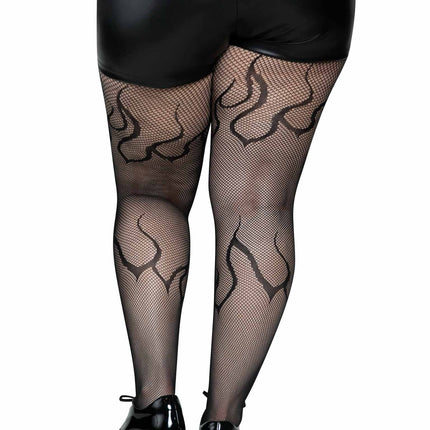 Plus Size Flame Net Tights - Black - 1X-2X