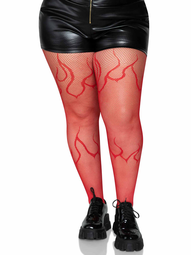Plus Size Flame Net Tights - Red - 1X-2X
