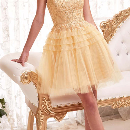 Ladivine 9310 Short A-Line Tiered Tulle Scoop Neckline Cocktail Dress