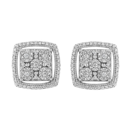 .925 Sterling Silver 3/8 Cttw Miracle Set Round Diamond Double Halo Cluster Earrings (I-J Color, I2-I3 Clarity)