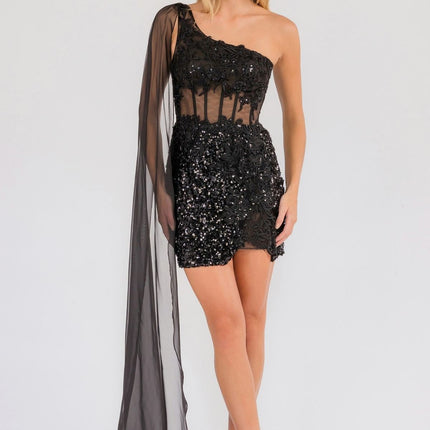 Juliet JT937R Dress One Shoulder Cape Sleeve Cocktail Sequin Gown