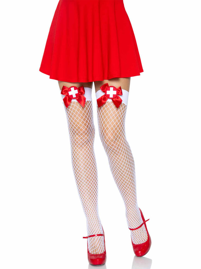 Bow Top Industrial Net Thigh Highs with Nurse Badge Accent - White/Red - O/S