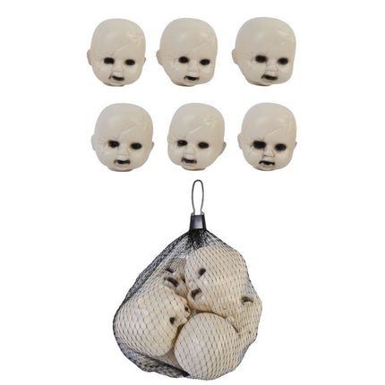 6 Plastic Small Creepy Doll Heads in Mesh Bag