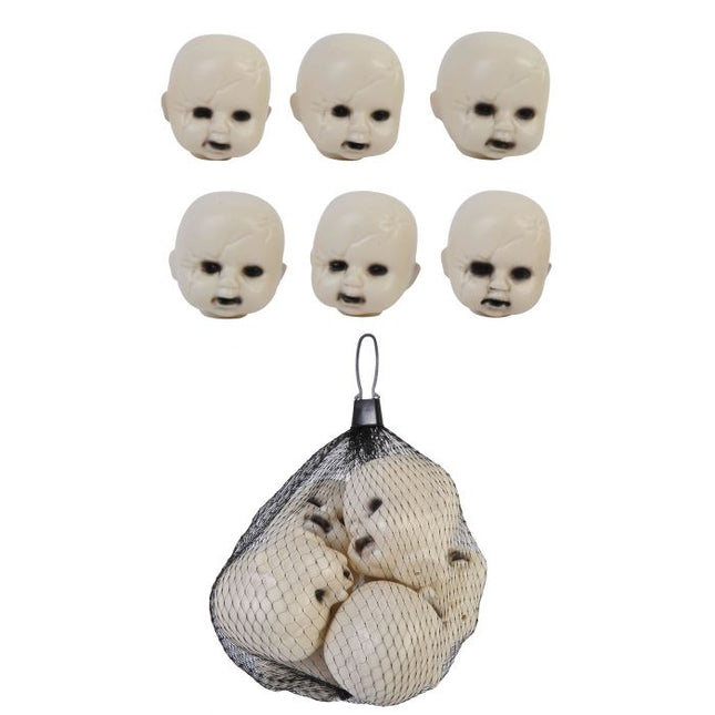 6 Plastic Small Creepy Doll Heads in Mesh Bag