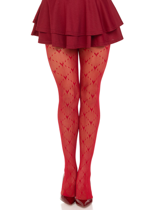 Love Struck Heart Net Tights - Red - O/S