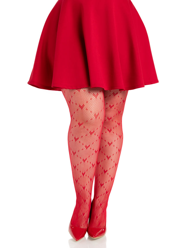 Love Struck Heart Net Tights - Red - 1X-2X