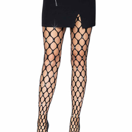 Rhinestone Jumbo Pothole Net Tights - Black - O/S