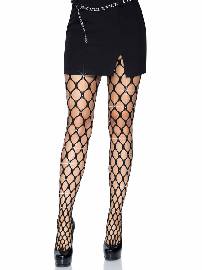 Rhinestone Jumbo Pothole Net Tights - Black - O/S